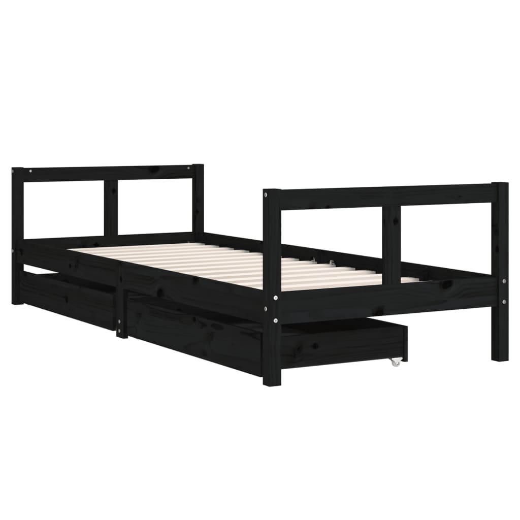 Cadru pat copii cu sertare, negru, 80x200 cm, lemn masiv de pin - Lando