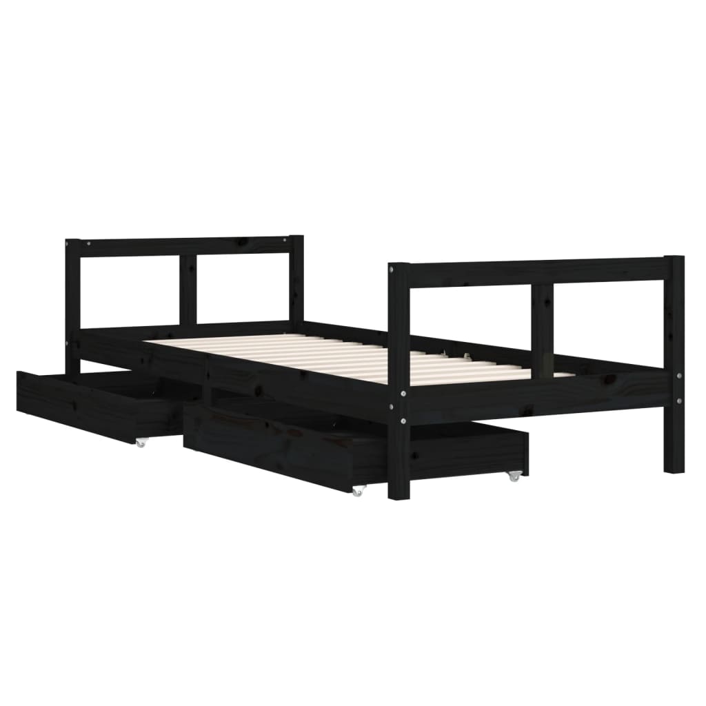 Cadru pat copii cu sertare, negru, 80x200 cm, lemn masiv de pin - Lando