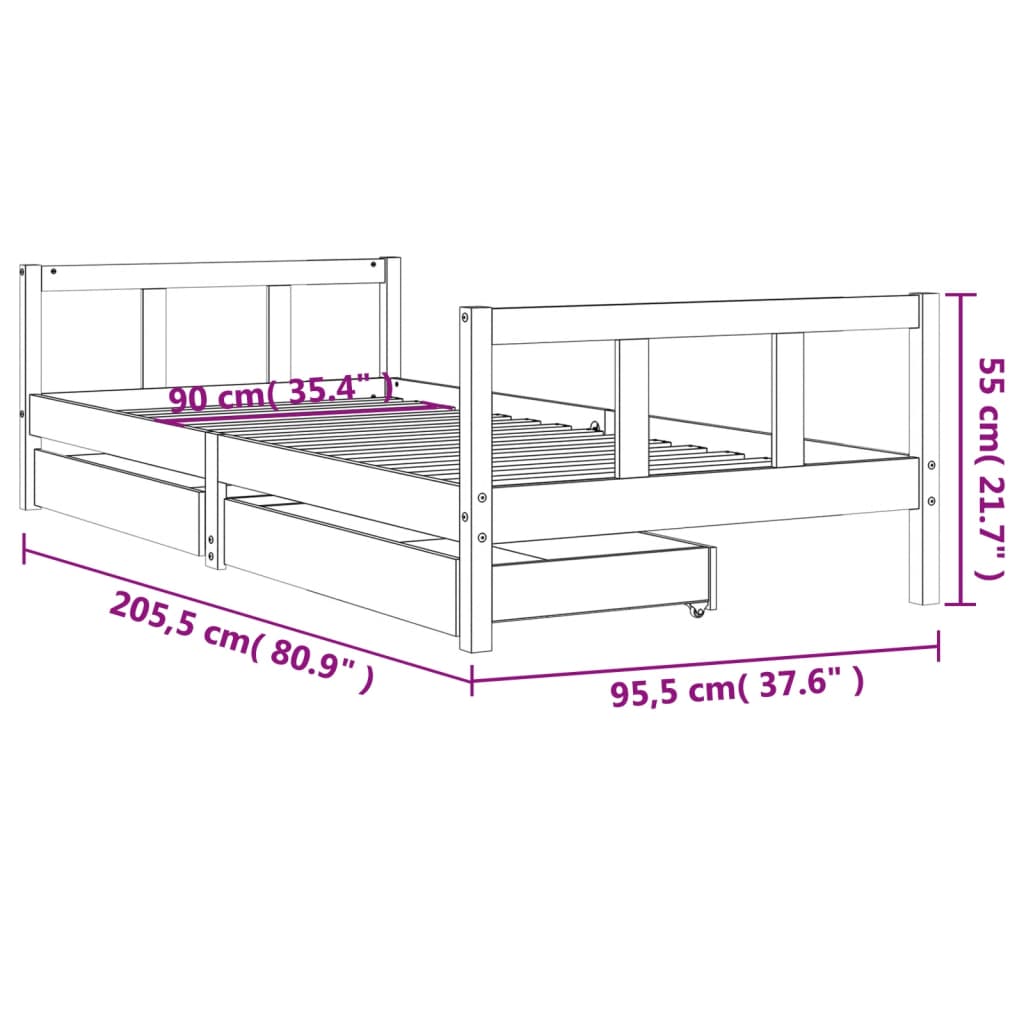 Cadru de pat copii cu sertare, negru, 90x200 cm, lemn masiv pin - Lando