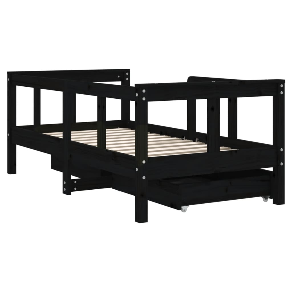 Cadru de pat copii cu sertare, negru, 70x140 cm, lemn masiv pin - Lando