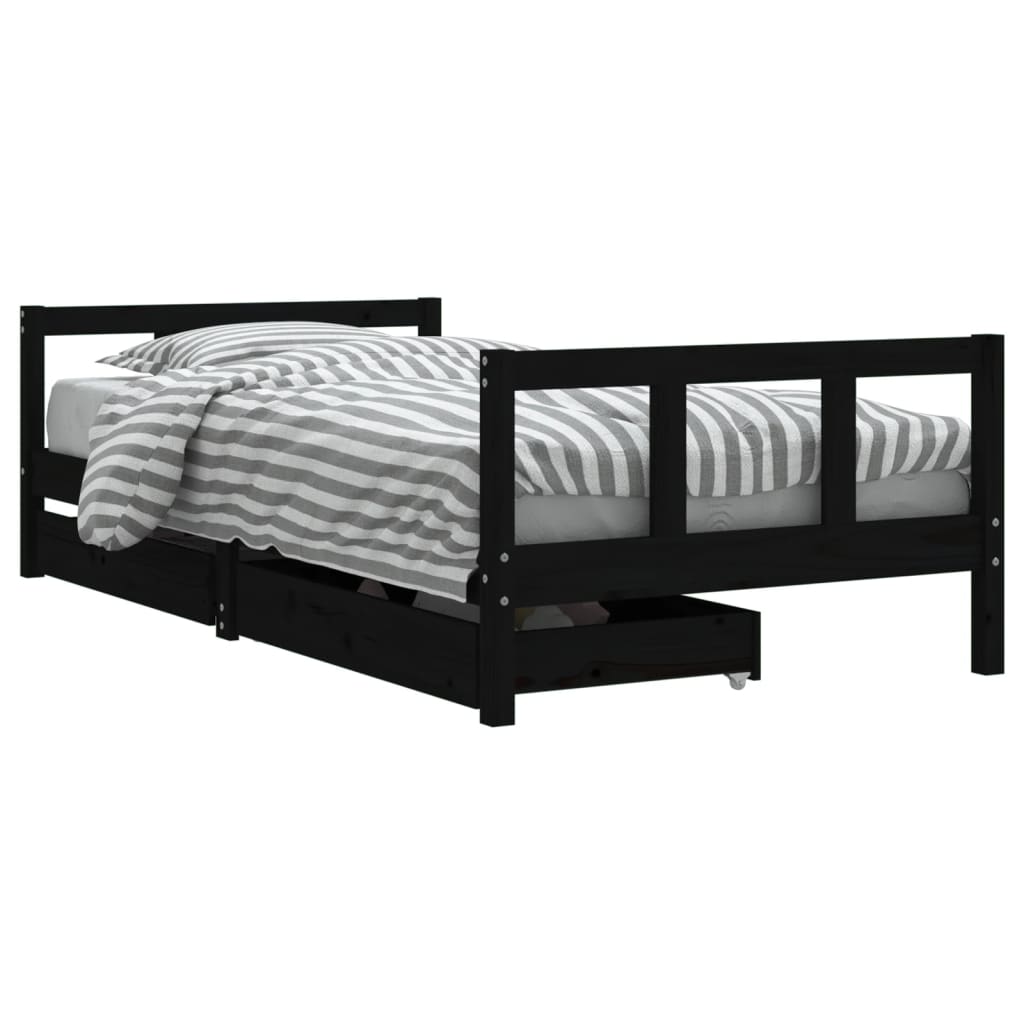 Cadru de pat copii cu sertare, negru, 90x190 cm, lemn masiv pin - Lando