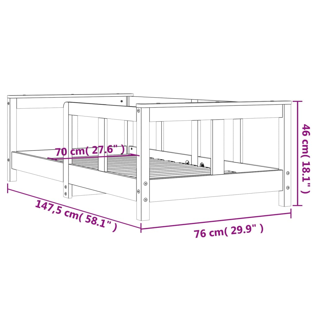 Cadru de pat pentru copii, alb, 70x140 cm, lemn masiv de pin