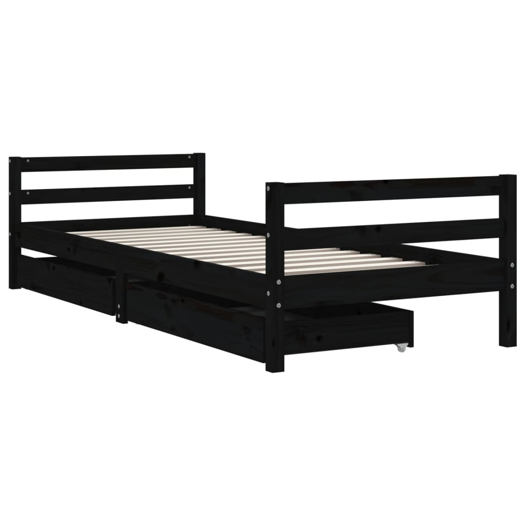Cadru pat copii cu sertare, negru, 80x200 cm, lemn masiv de pin - Lando