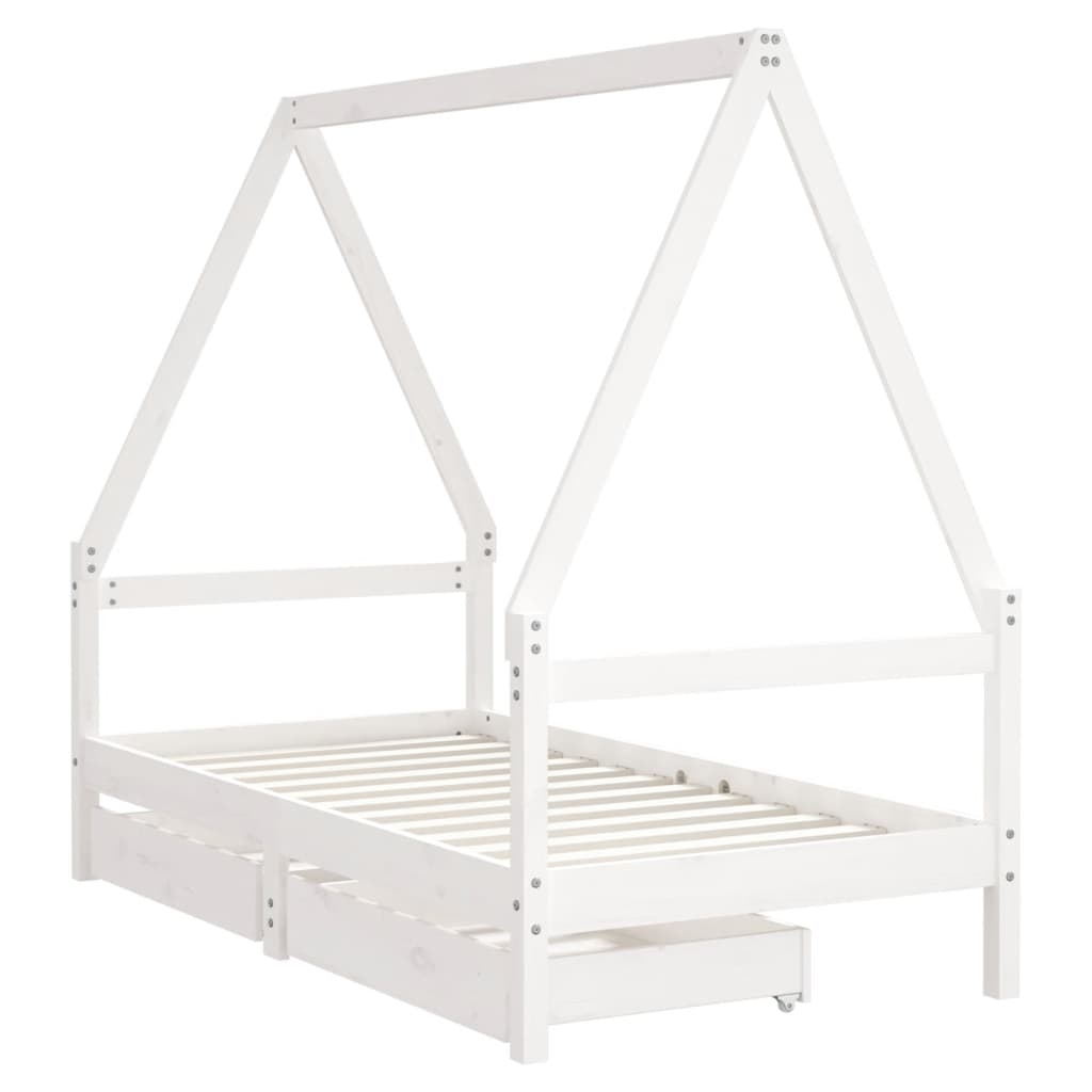 Cadru de pat copii cu sertare, alb, 80x160 cm, lemn masiv pin - Lando