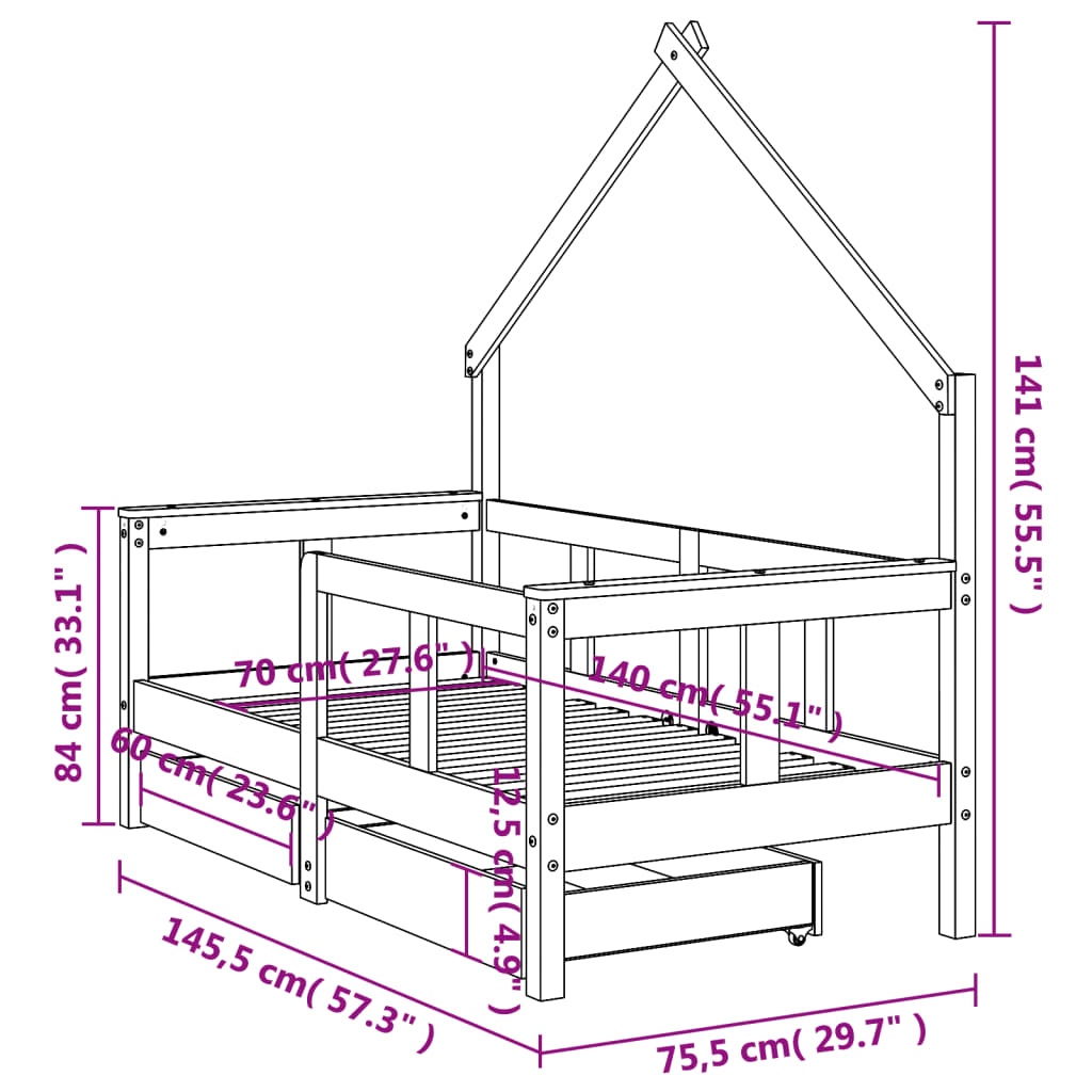 Cadru de pat copii cu sertare, alb, 70x140 cm, lemn masiv pin - Lando