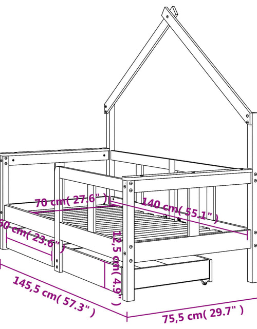 Загрузите изображение в средство просмотра галереи, Cadru de pat copii cu sertare, negru, 70x140 cm, lemn masiv pin - Lando

