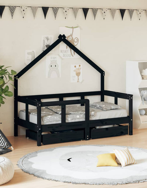 Încărcați imaginea în vizualizatorul Galerie, Cadru de pat copii cu sertare, negru, 70x140 cm, lemn masiv pin - Lando
