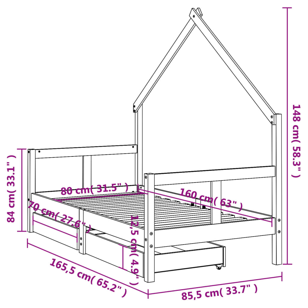 Cadru de pat copii cu sertare, alb, 80x160 cm, lemn masiv pin - Lando