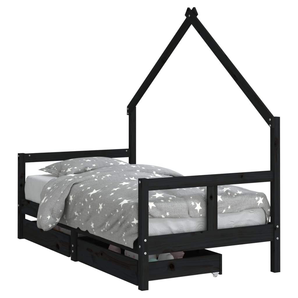 Cadru de pat copii cu sertare, negru, 80x160 cm, lemn masiv pin - Lando
