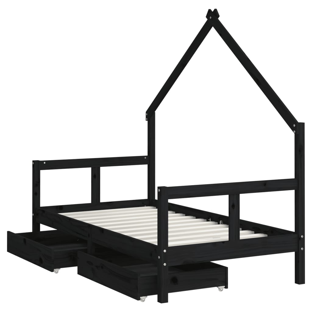 Cadru de pat copii cu sertare, negru, 80x160 cm, lemn masiv pin - Lando