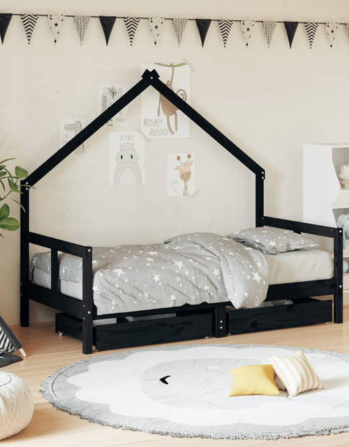 Încărcați imaginea în vizualizatorul Galerie, Cadru de pat copii cu sertare, negru, 80x160 cm, lemn masiv pin - Lando
