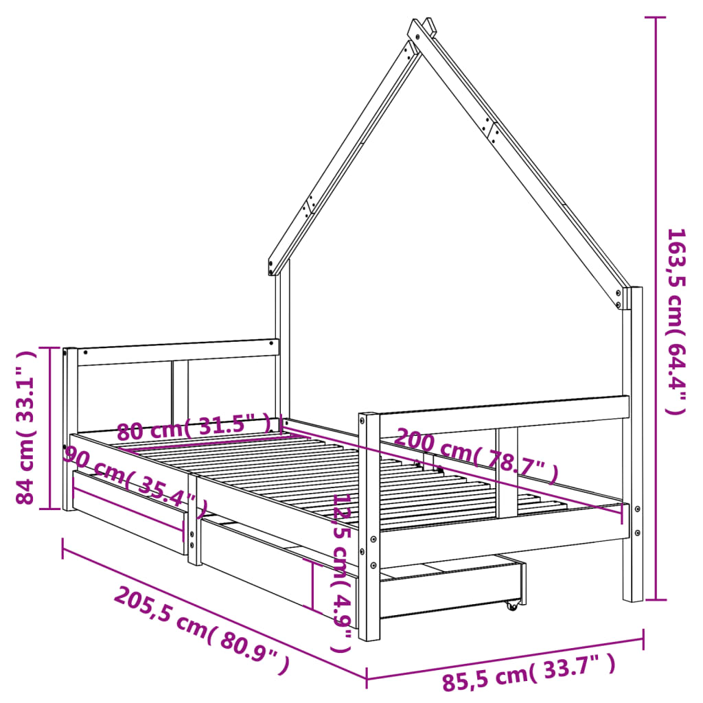 Cadru pat copii cu sertare, negru, 80x200 cm, lemn masiv de pin - Lando