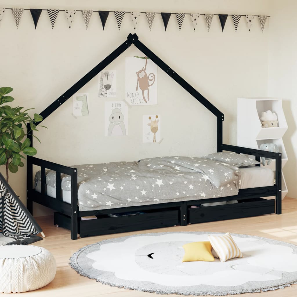 Cadru de pat copii cu sertare, negru, 90x200 cm, lemn masiv pin - Lando