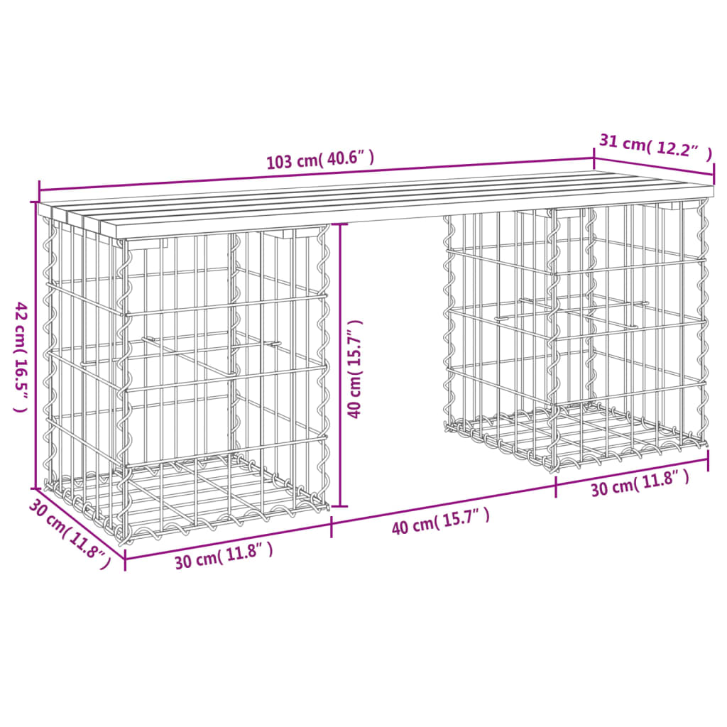 Bancă grădină, design gabion, 103x31x42 cm, lemn pin impregnat Lando - Lando