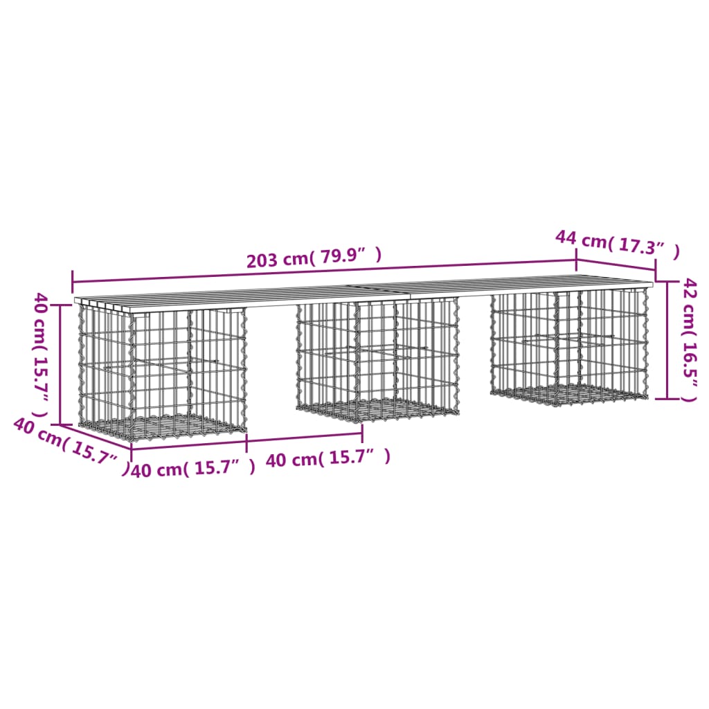 Bancă de grădină, design gabion, 203x44x42cm, lemn masiv de pin Lando - Lando