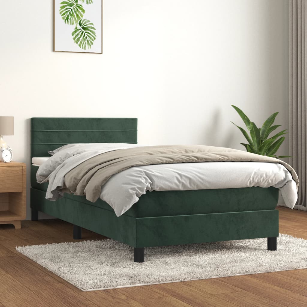 Pat box spring cu saltea, verde închis, 90x190 cm, catifea - Lando