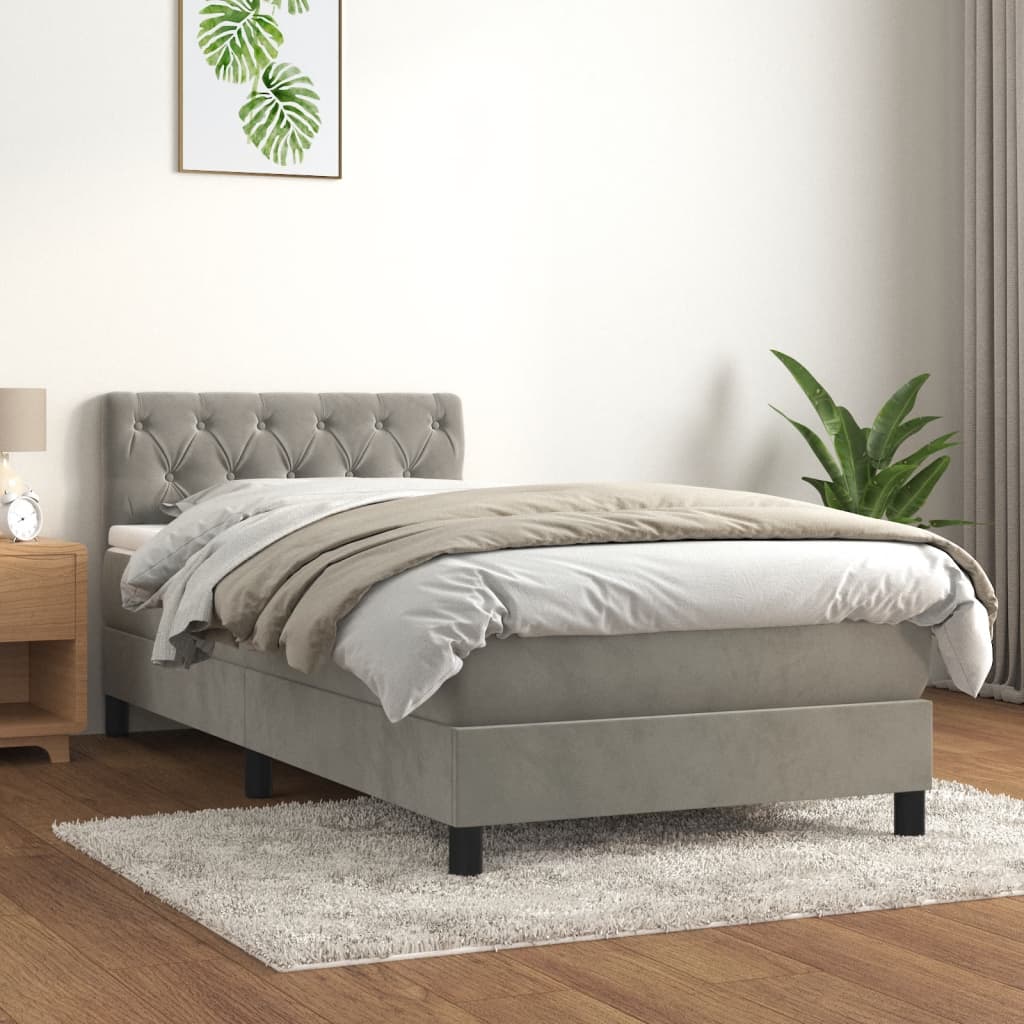 Pat box spring cu saltea, gri deschis, 80x200 cm, catifea - Lando