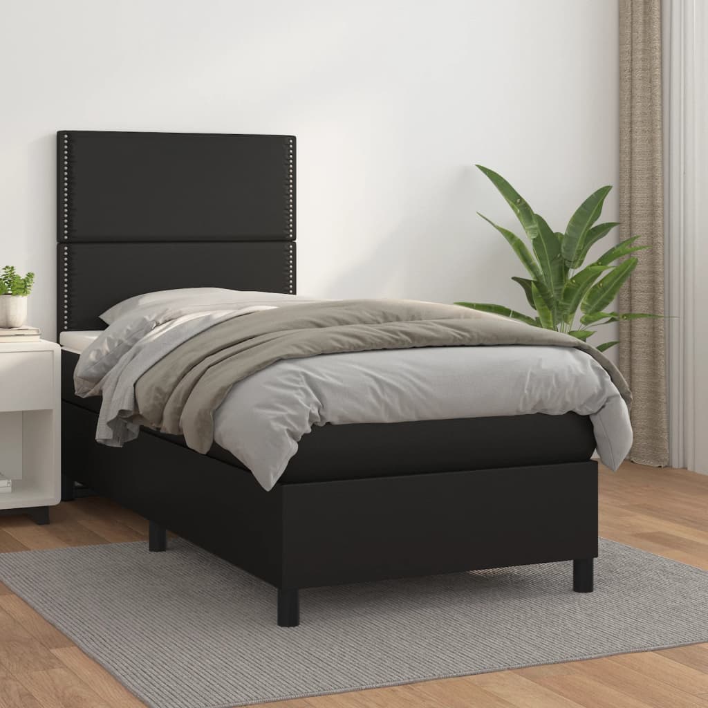 Pat box spring cu saltea, negru, 90x190 cm, piele ecologică - Lando