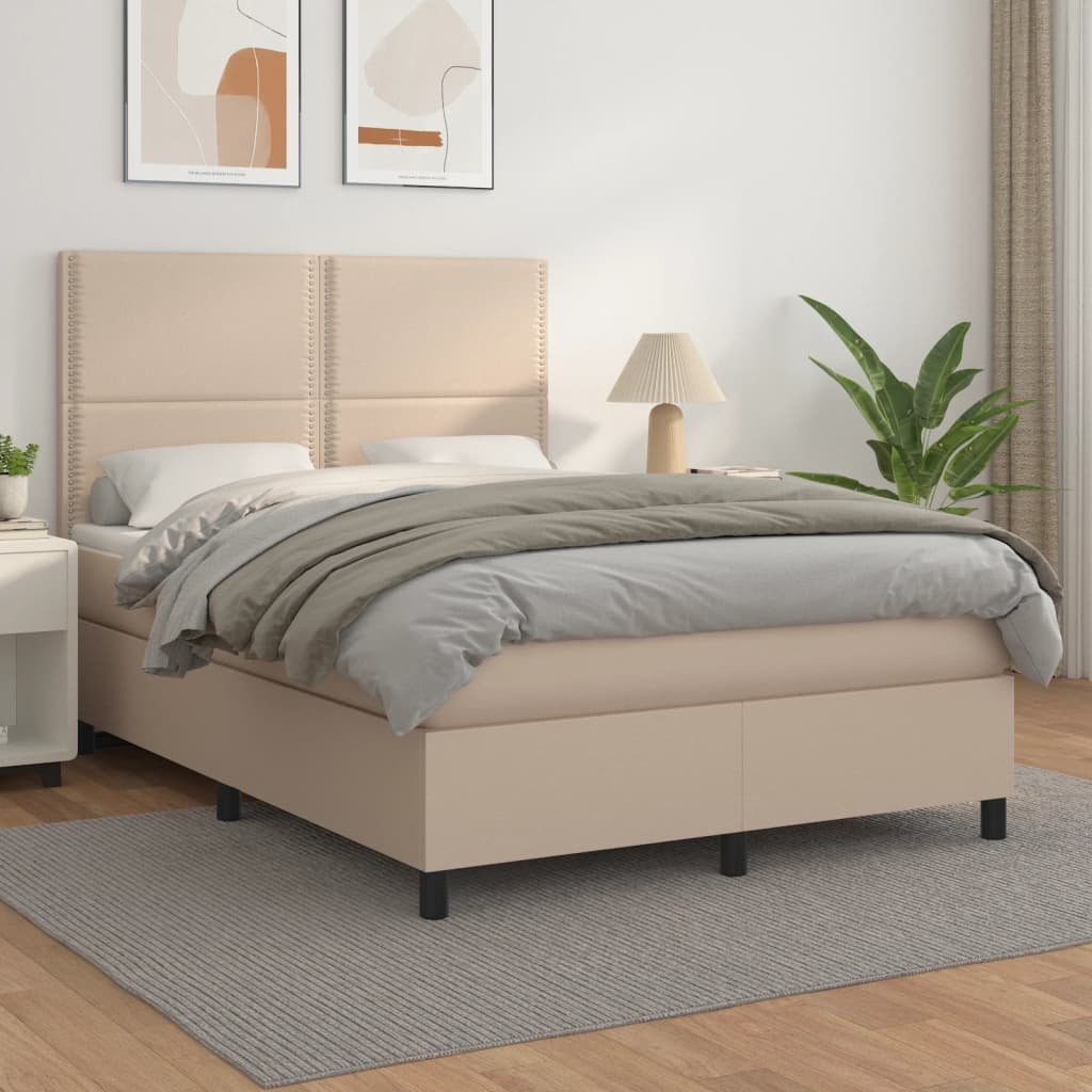 Pat box spring cu saltea, cappuccino, 140x190cm piele ecologică - Lando