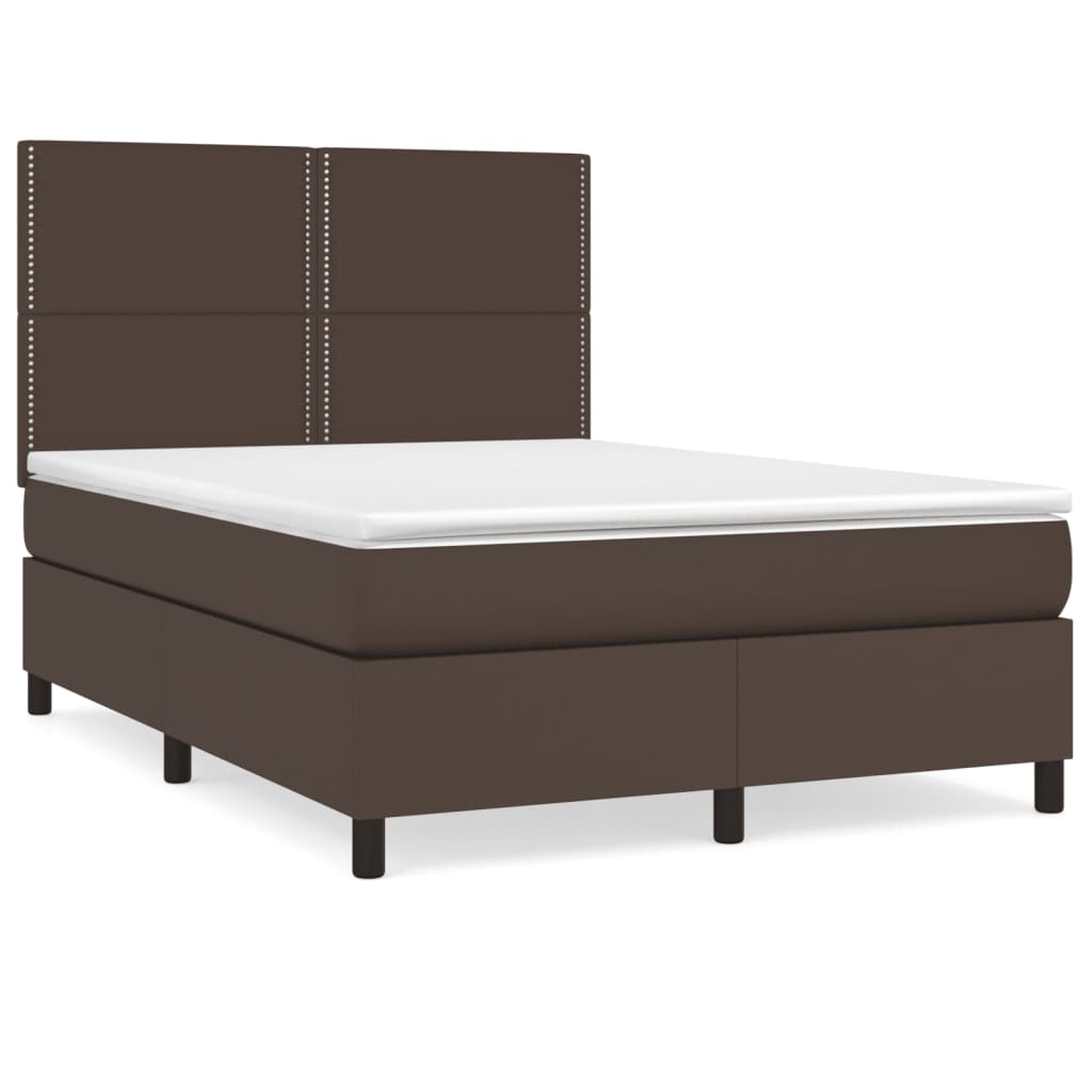 Pat box spring cu saltea, maro, 140x200 cm, piele ecologică - Lando