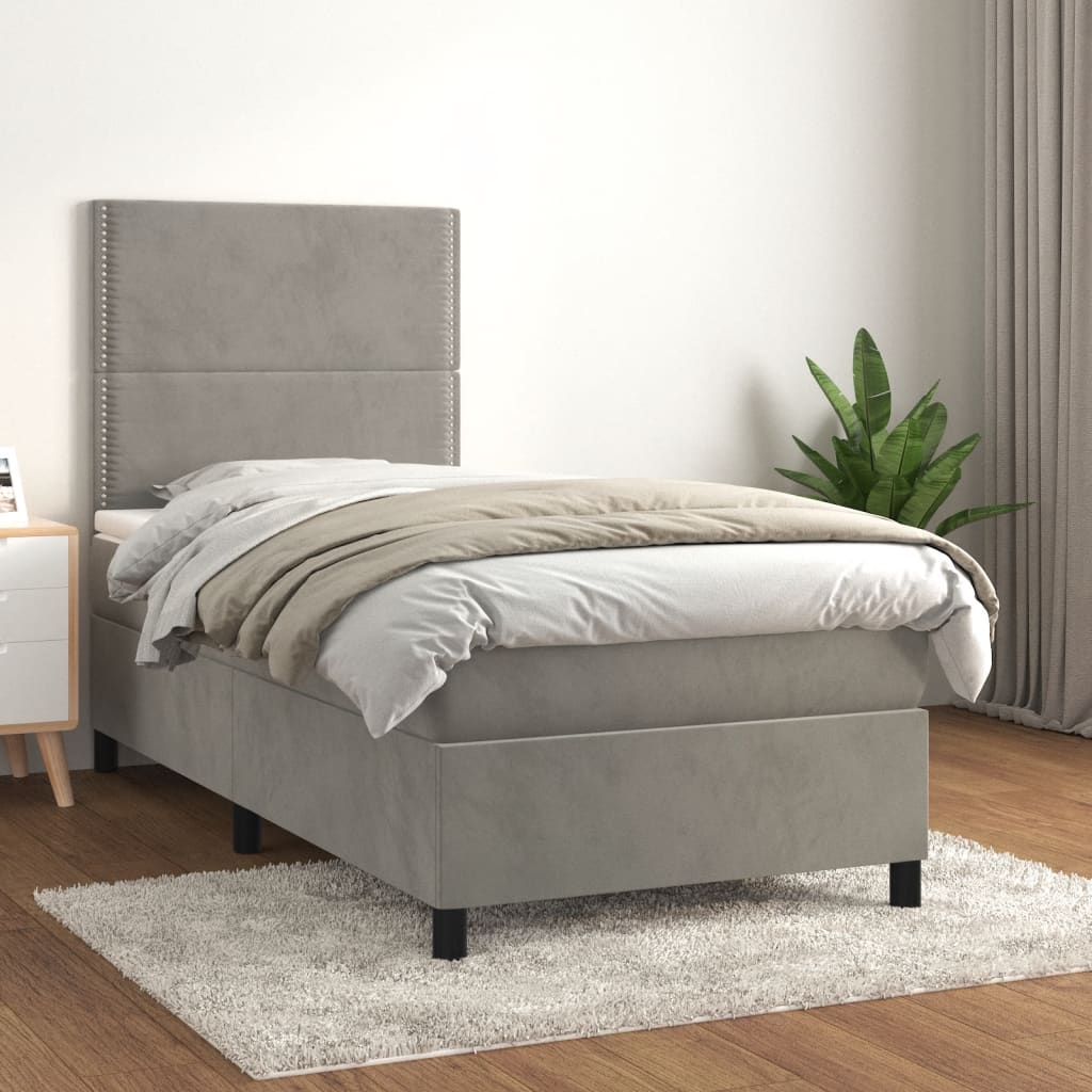 Pat box spring cu saltea, gri deschis, 80x200 cm, catifea - Lando