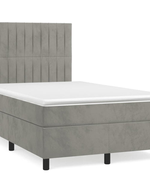 Загрузите изображение в средство просмотра галереи, Pat box spring cu saltea, gri deschis, 120x200 cm, catifea - Lando
