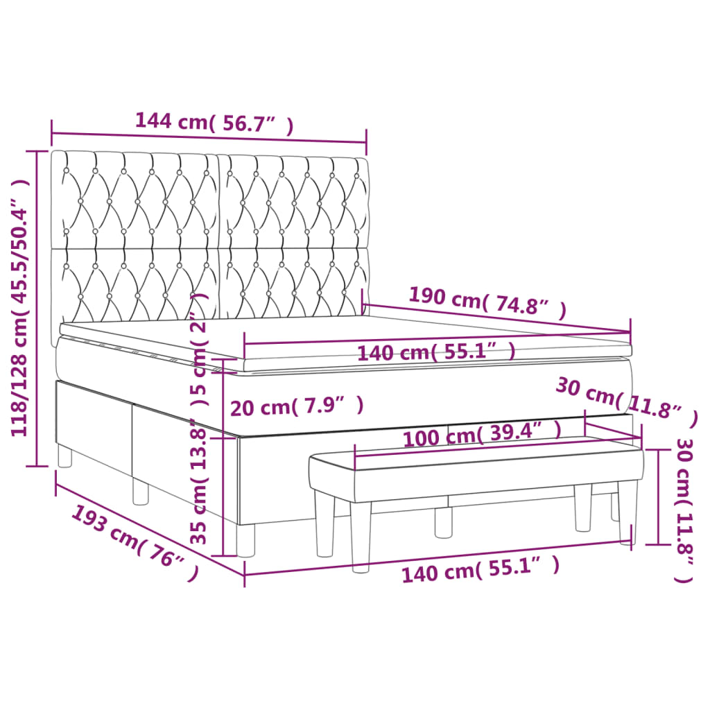 Pat box spring cu saltea, gri închis, 140x190 cm, textil - Lando