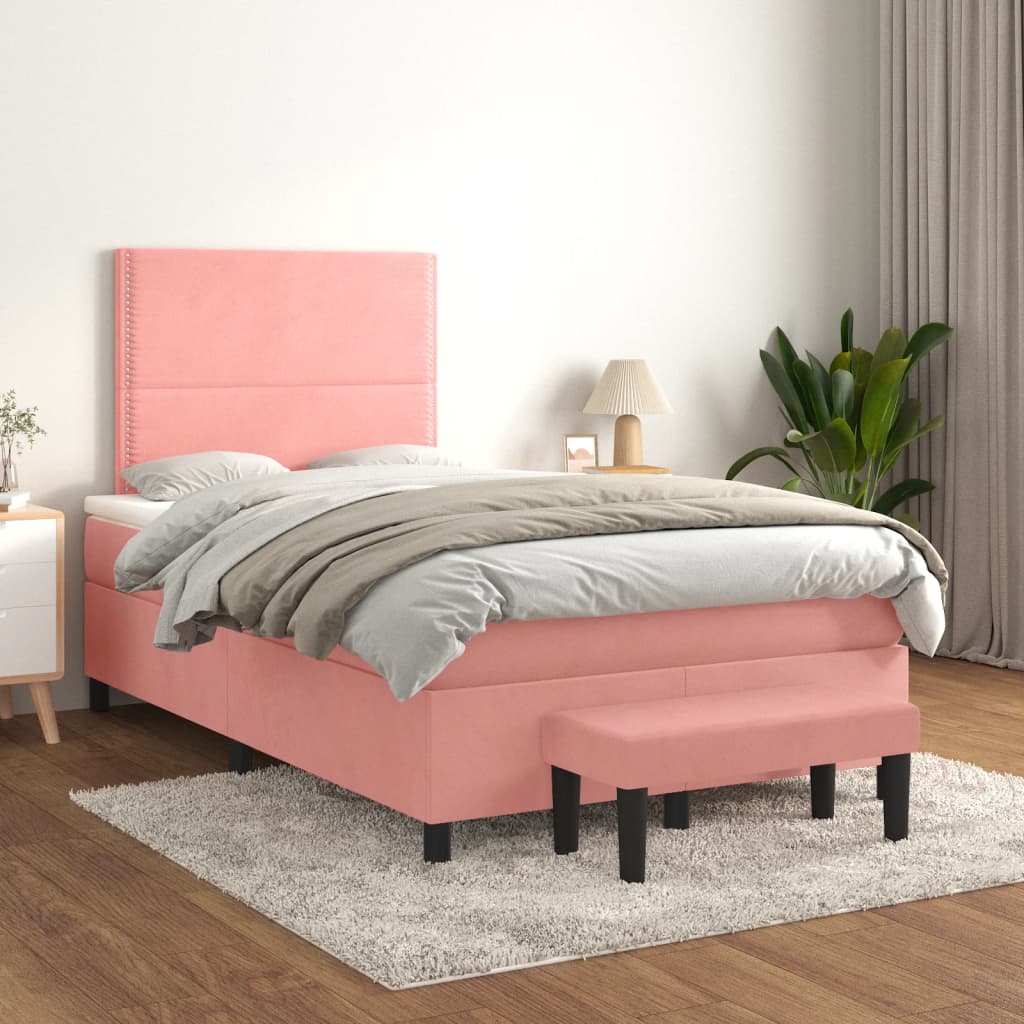 Pat box spring cu saltea, roz, 120x200 cm, catifea - Lando