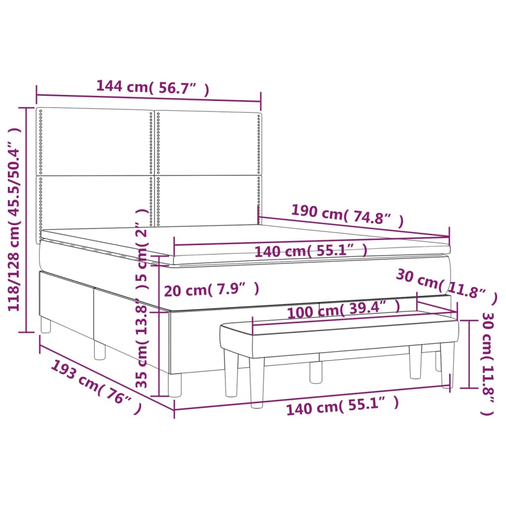 Pat box spring cu saltea, gri închis, 140x190 cm, catifea - Lando