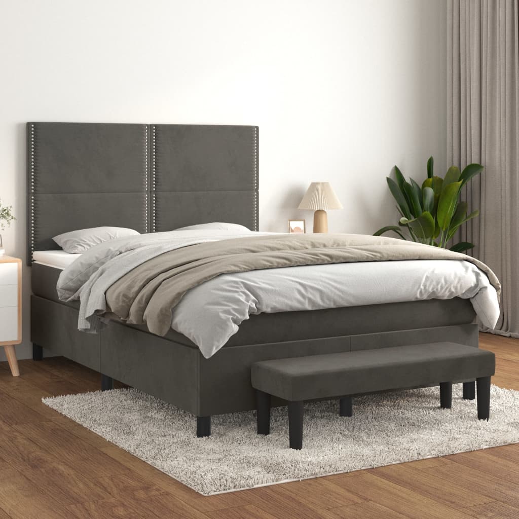 Pat box spring cu saltea, gri închis, 140x190 cm, catifea - Lando