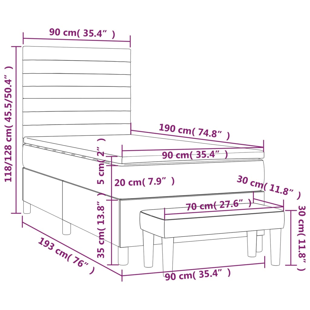 Pat box spring cu saltea, gri închis, 90x190 cm, catifea - Lando