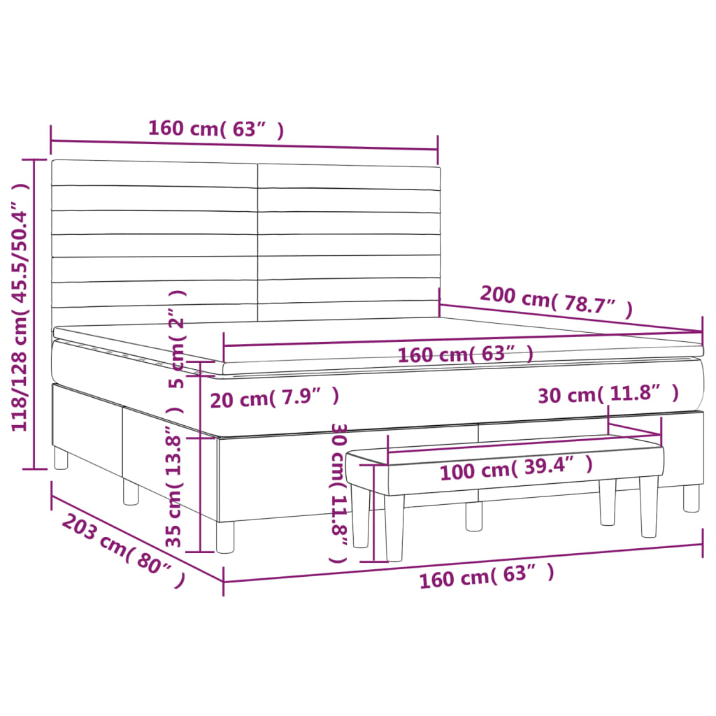 Pat box spring cu saltea, gri închis, 160x200 cm, catifea - Lando