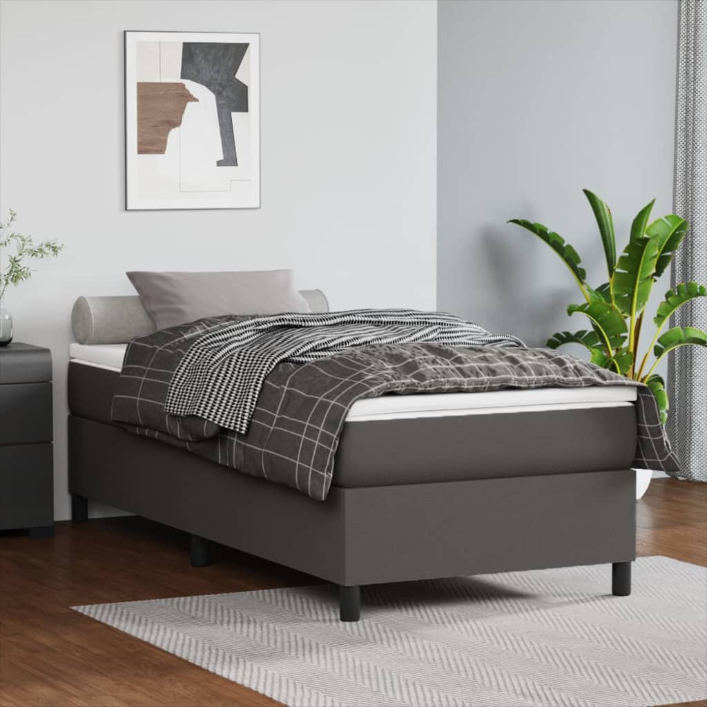 Pat box spring cu saltea, gri, 90x190 cm, piele ecologică - Lando