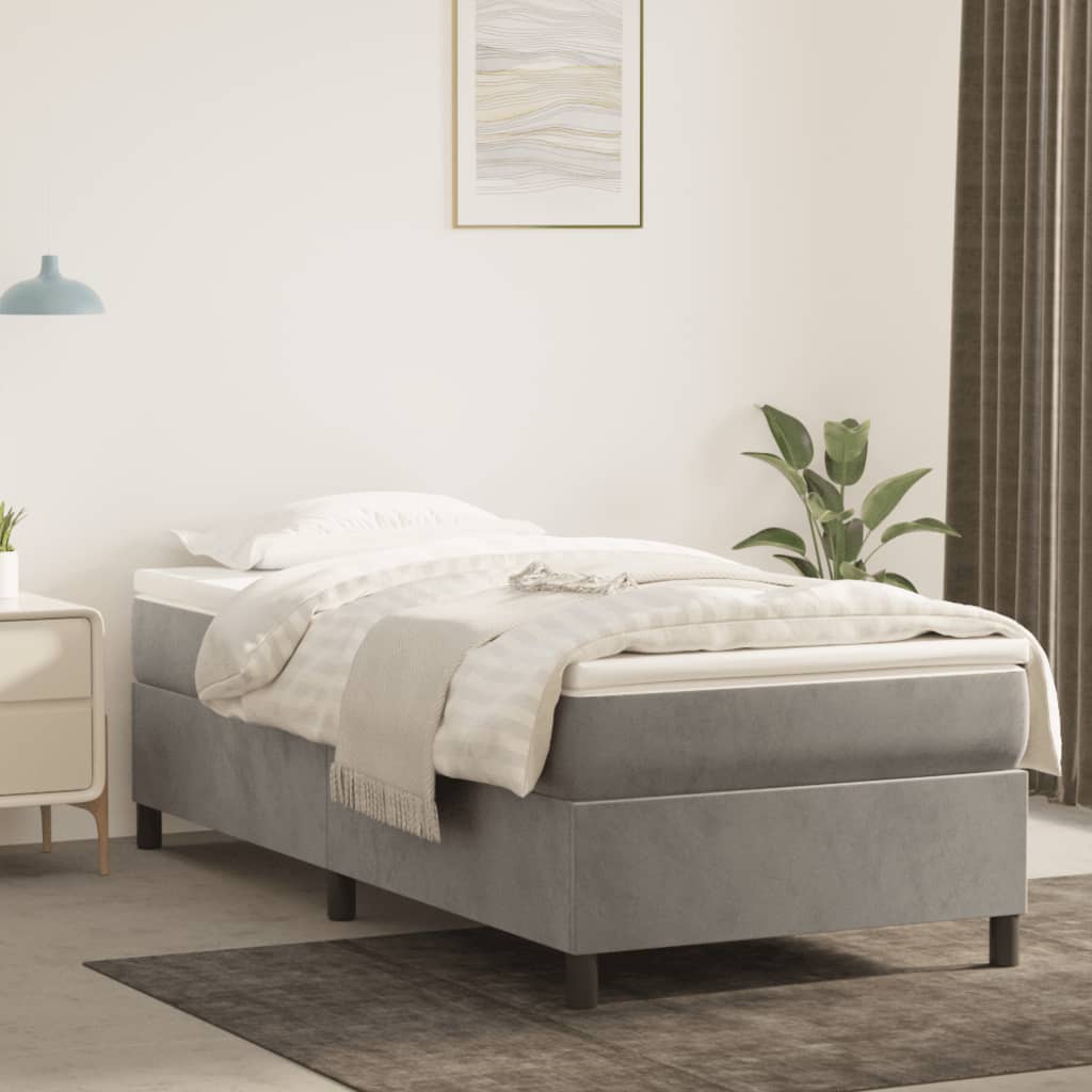 Pat box spring cu saltea, gri deschis, 100x200 cm, catifea - Lando