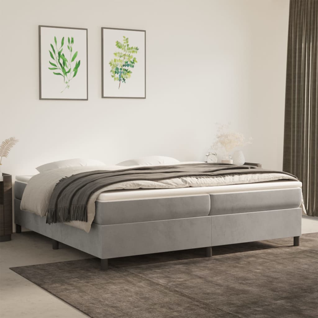 Pat box spring cu saltea, gri deschis, 200x200 cm, catifea - Lando