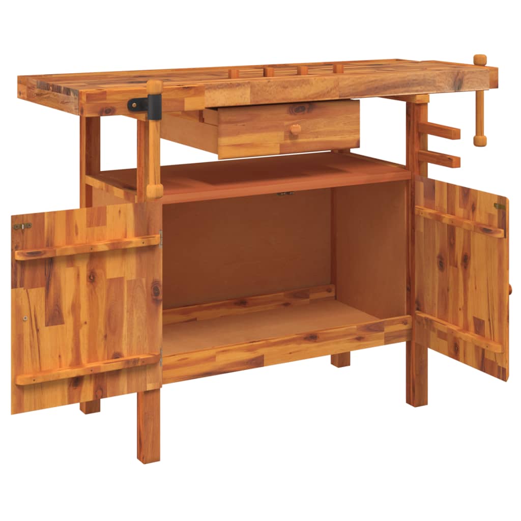 Banc de lucru cu sertar și menghine, 124x52x83 cm, lemn acacia Lando - Lando