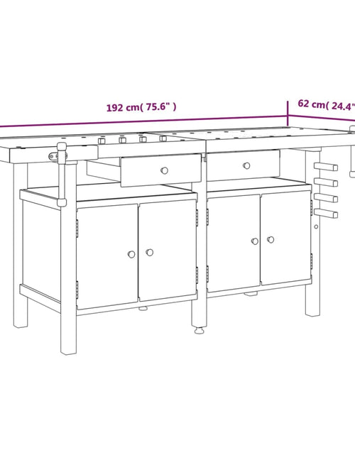Încărcați imaginea în vizualizatorul Galerie, Banc de lucru cu sertare și menghine, 192x62x83 cm, lemn acacia - Lando
