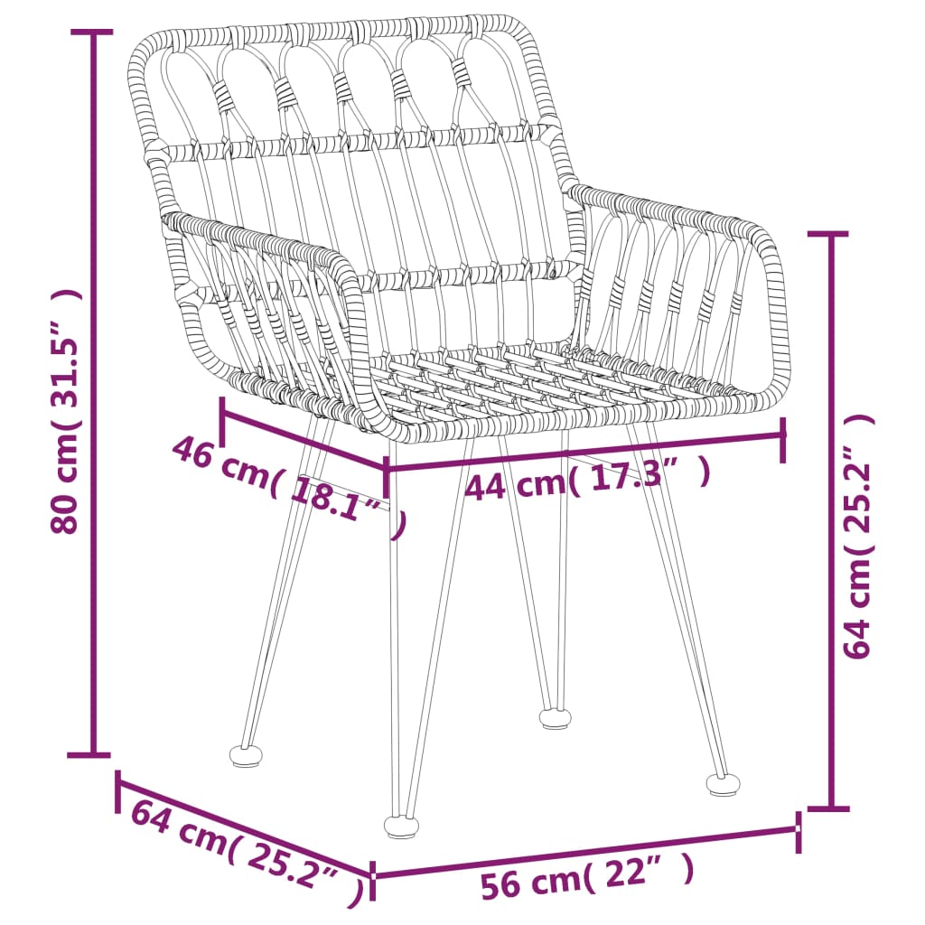 Scaune de grădină cu cotiere 2 buc. negru 56x64x80 cm ratan PE - Lando