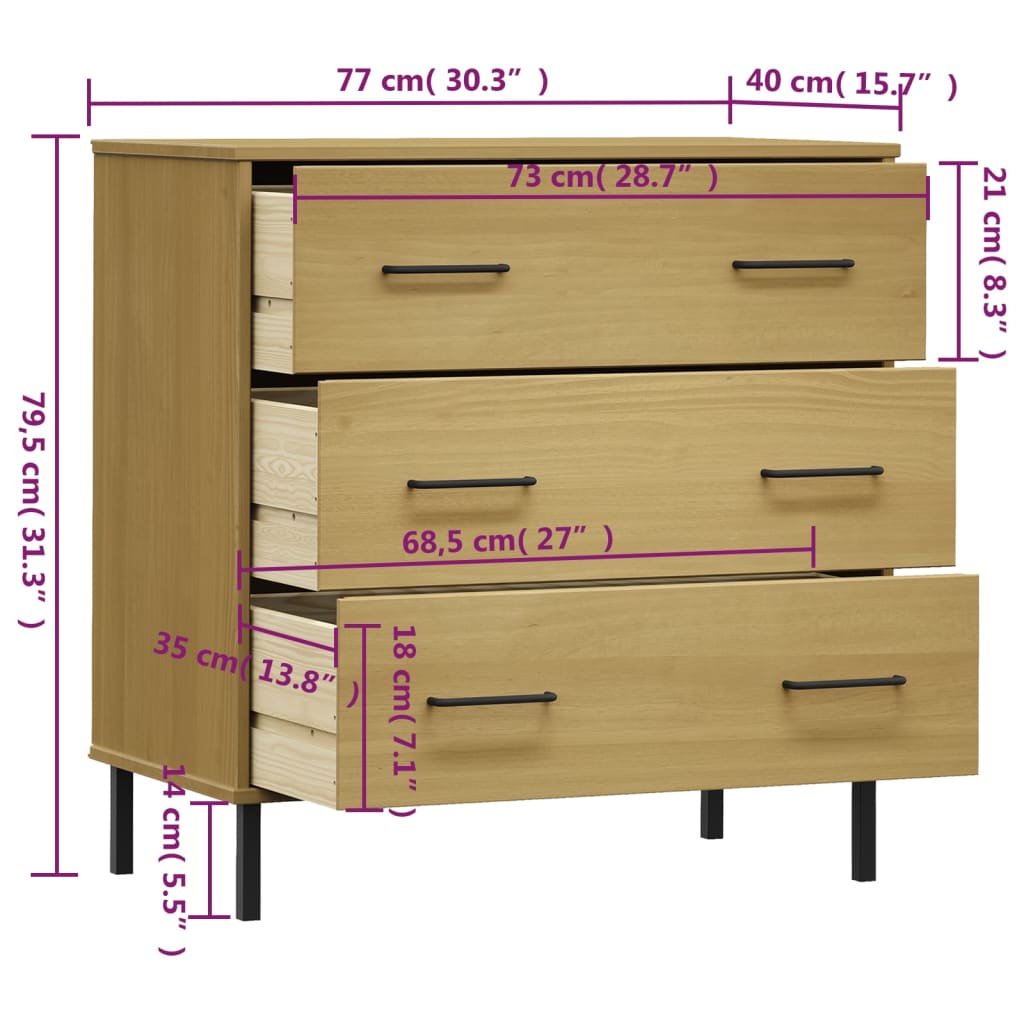 Servantă cu 3 sertare, maro, 77x40x79,5 cm, lemn masiv OSLO - Lando