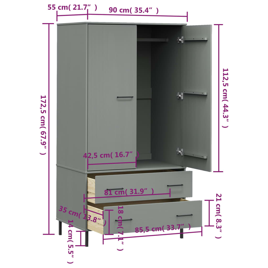 Șifonier cu picioare metalice OSLO, gri, 90x55x172,5 cm, lemn - Lando