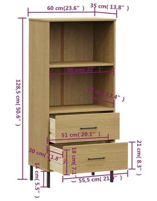 Загрузите изображение в средство просмотра галереи, Bibliotecă cu 2 sertare OSLO, maro, 60x35x128,5 cm, lemn masiv - Lando

