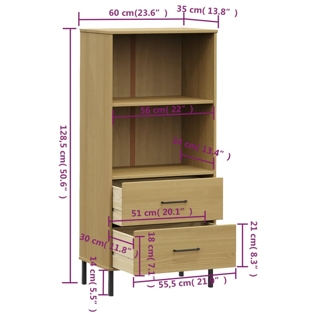 Bibliotecă cu 2 sertare OSLO, maro, 60x35x128,5 cm, lemn masiv - Lando