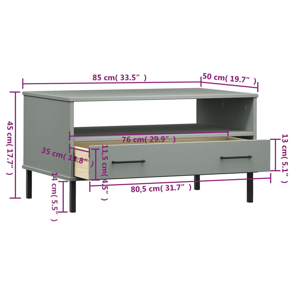 Măsuță cafea picioare metalice gri 85x50x45cm lemn masiv "OSLO" Lando - Lando