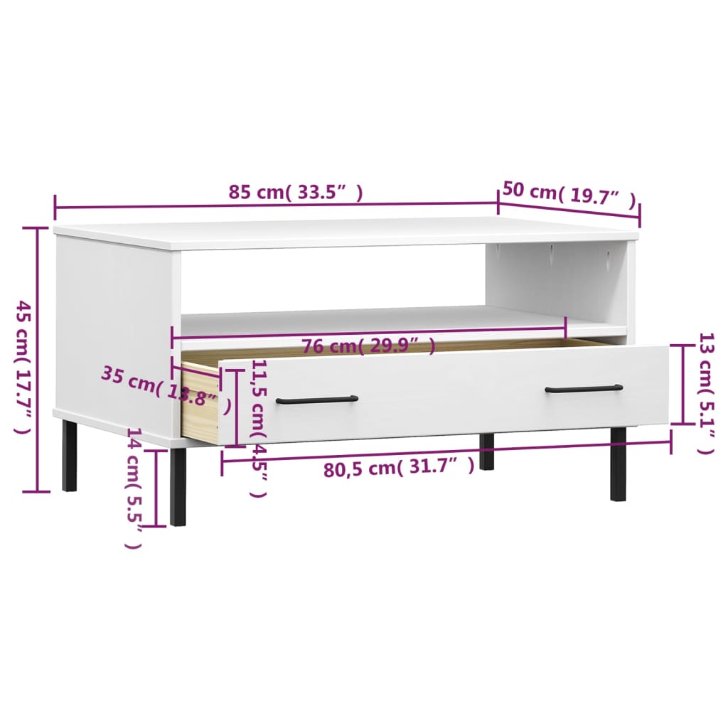 Măsuță cafea picioare metalice alb 85x50x45cm lemn masiv "OSLO" Lando - Lando