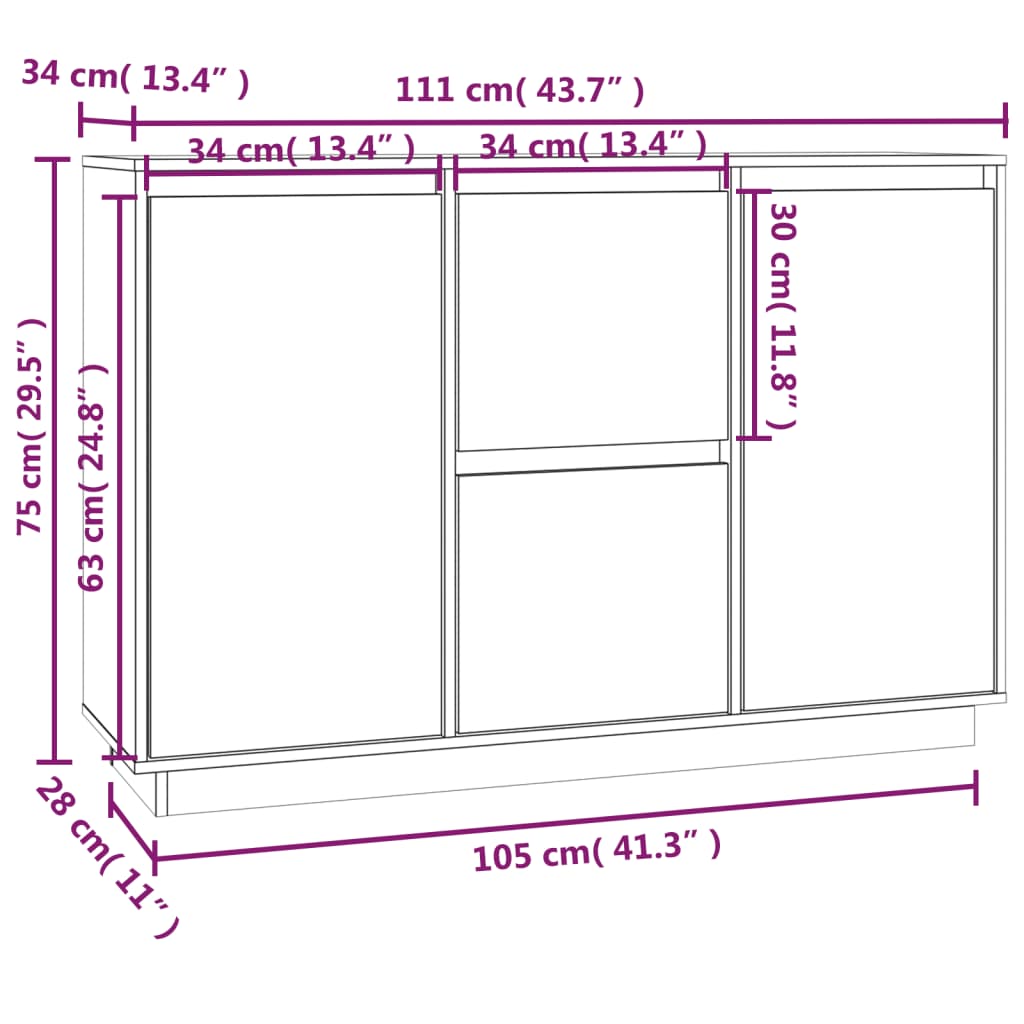 Servantă, alb, 111x34x75 cm, lemn masiv de pin Lando - Lando