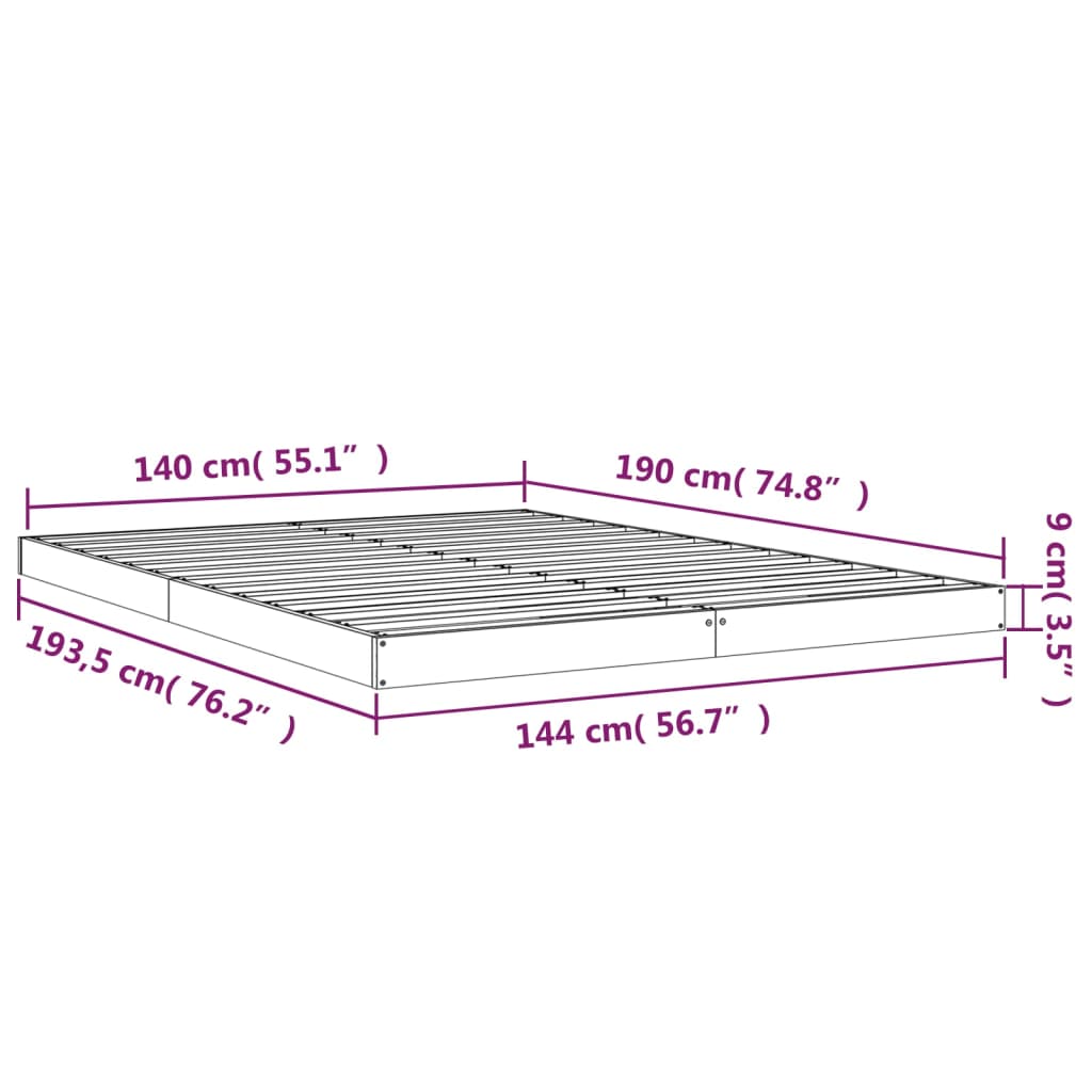 Cadru de pat, alb, 140x190 cm, lemn masiv de pin - Lando