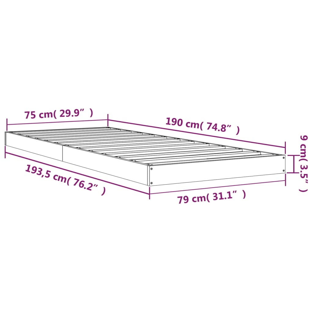 Cadru de pat mic Single 2FT6, gri, 75x190 cm, lemn masiv de pin - Lando