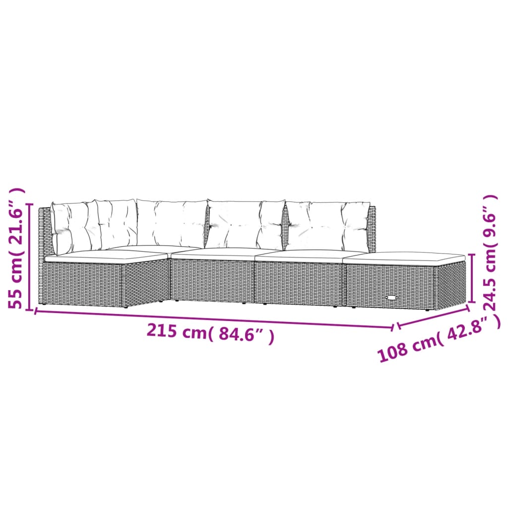 Set mobilier de grădină cu perne, 5 piese, gri, poliratan