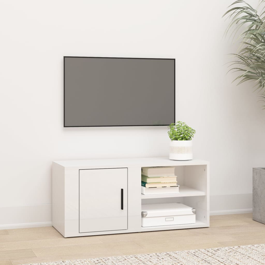 Comodă TV, alb extralucios, 80x31,5x36 cm, lemn prelucrat Lando - Lando