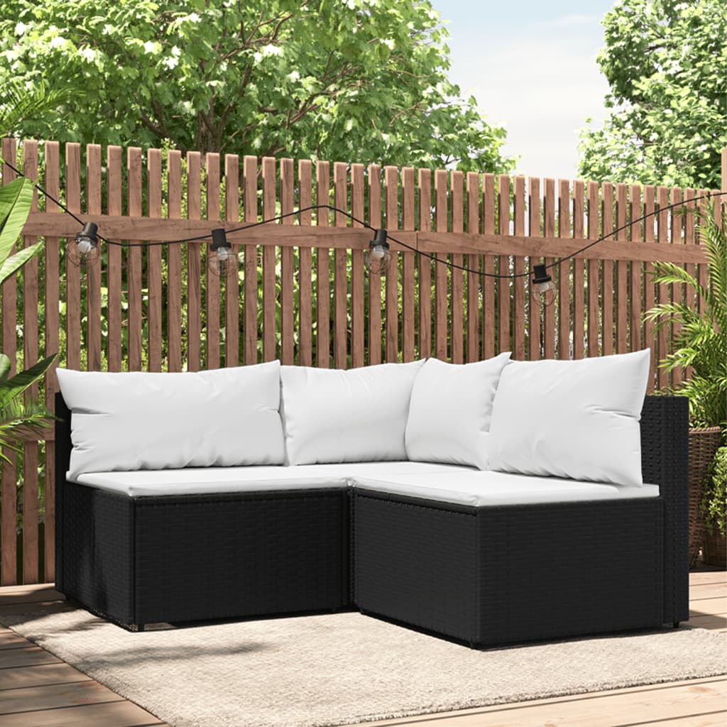 Set mobilier de grădină cu perne, 3 piese, negru, poliratan - Lando